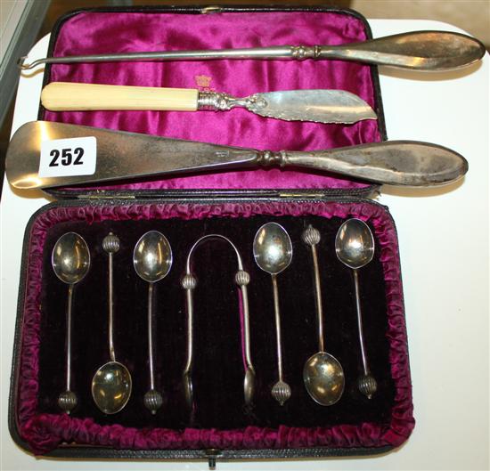 Silver botter knife, show horn, button hook and cased set coffee spoons